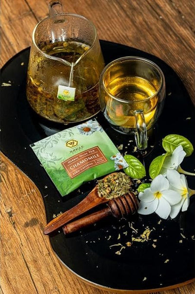 Chamomile Olive Tea | Calming Herbal Olive Leaf Infusion – Pyramid Tea Bags on Brown Living™. SKU: JS_CHAMOMILEOLIVETEA. Img 1.