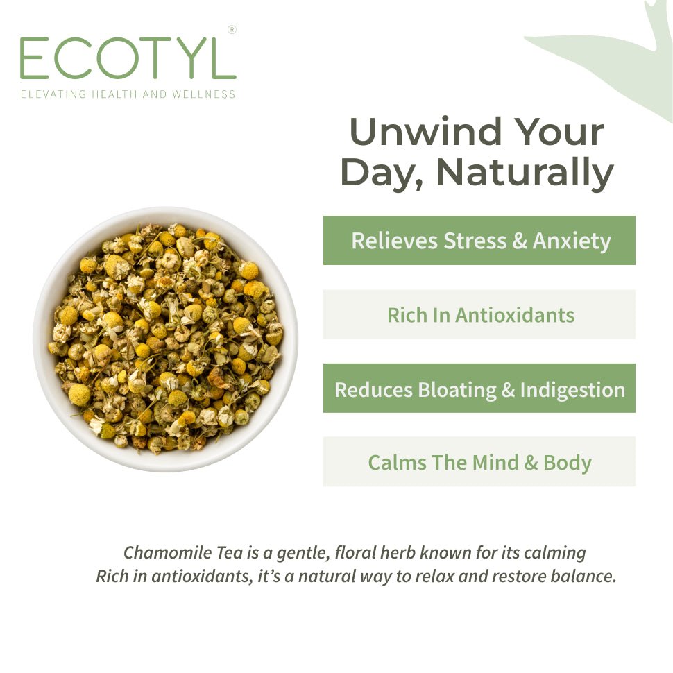 Chamomile Tea | Calming Herbal Tea | Supports Sleep & Relaxation | 25g – Tea by Ecotyl available on Brown Living™. . SKU: ECOTYL00041. Img 2.