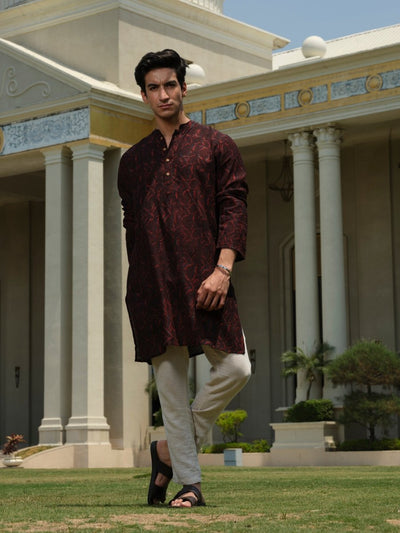 Chandra Maroon Organic Kurta | Indigo Bagru Block Print – Mens Kurta on Brown Living™. SKU: VBLKF6S001M5008. Img 4.