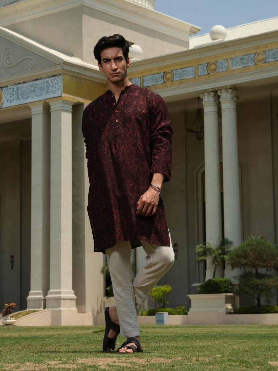 Chandra Maroon Organic Kurta | Indigo Bagru Block Print – Mens Kurta by Vasudhaa Vastrram available on Brown Living™. S . SKU: VBLKF6S001M5008. Img 4.
