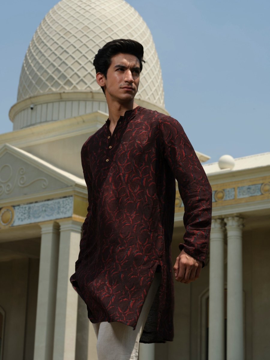 Chandra Maroon Organic Kurta | Indigo Bagru Block Print – Mens Kurta by Vasudhaa Vastrram available on Brown Living™. S . SKU: VBLKF6S001M5008. Img 1.