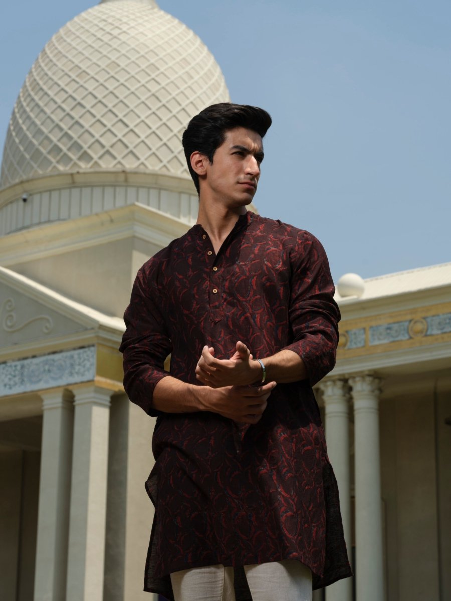 Chandra Maroon Organic Kurta | Indigo Bagru Block Print – Mens Kurta by Vasudhaa Vastrram available on Brown Living™. S . SKU: VBLKF6S001M5008. Img 2.