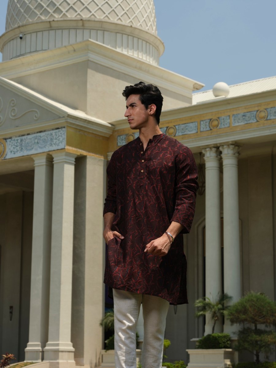 Chandra Maroon Organic Kurta | Indigo Bagru Block Print – Mens Kurta by Vasudhaa Vastrram available on Brown Living™. S . SKU: VBLKF6S001M5008. Img 3.