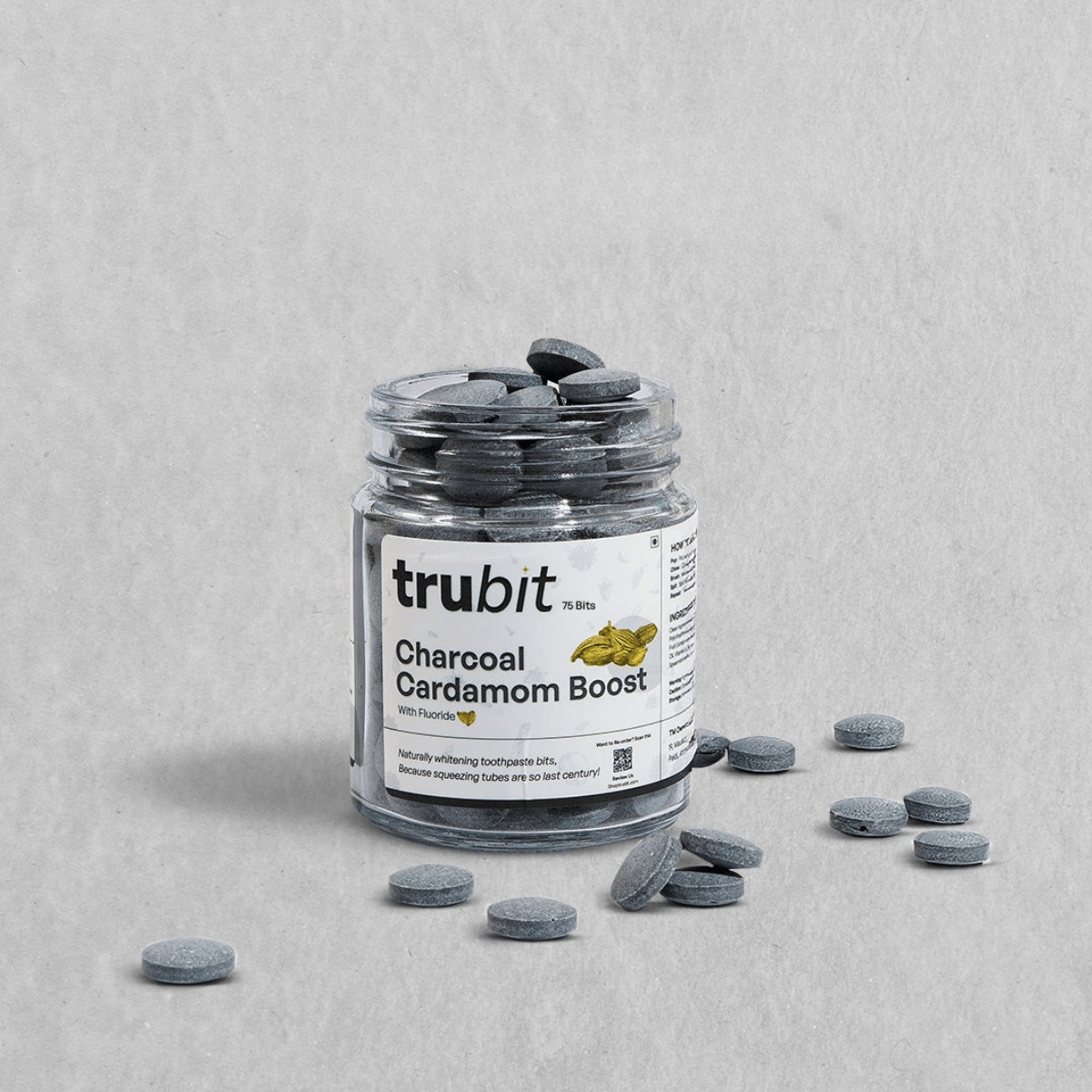 Charcoal Cardamom Boost | Toothpaste Tablets (75 Bits) – Oral Care on Brown Living™. SKU: 11002. Img 1.