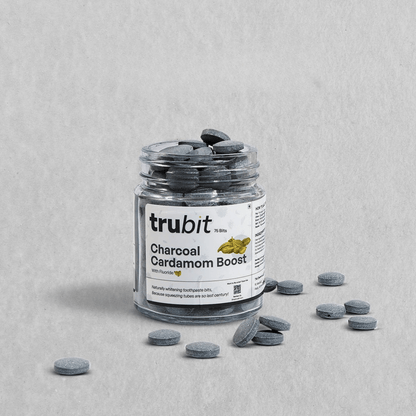 Charcoal Cardamom Boost | Toothpaste Tablets (75 Bits) – Oral Care on Brown Living™. SKU: 11002. Img 1.