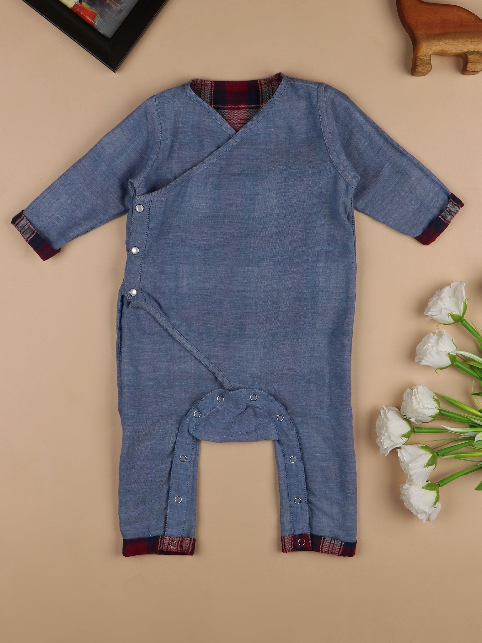 Checkered Foxy Reversible 2 in1 Cotton Romper – Dusky Pink & Blue – Kids Daywear Sets on Brown Living™. SKU: MW22BRRR-0-3. Img 3.
