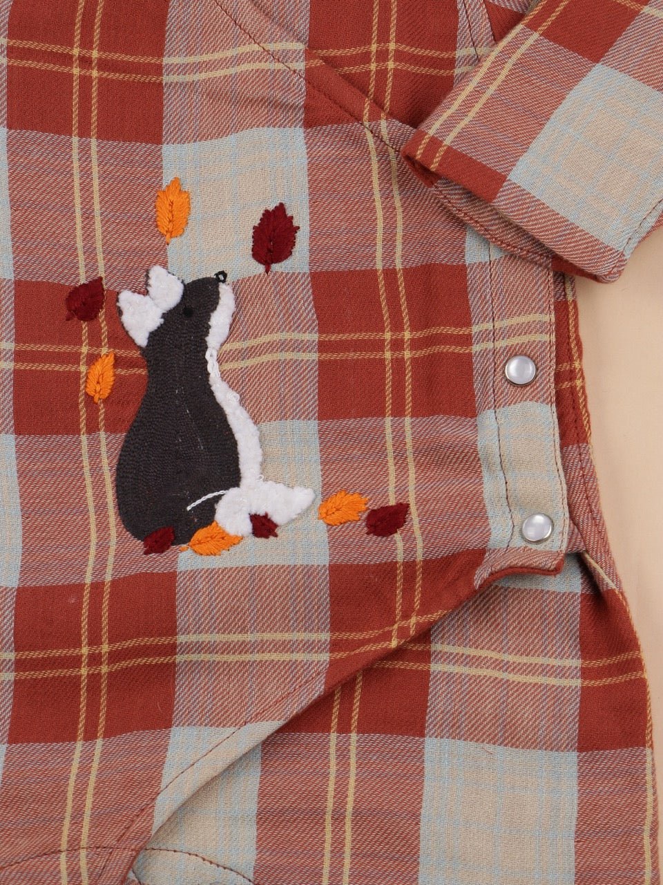 Checkered Foxy Reversible Romper – Rising Sun |Organic Cotton Babywear – Kids Daywear Sets on Brown Living™. SKU: MW22BORR-0-3. Img 3.