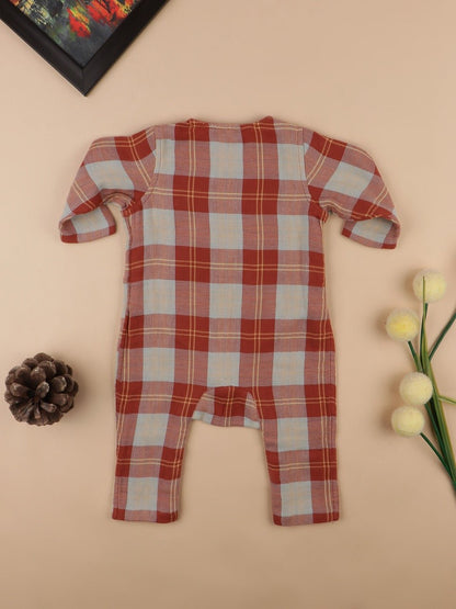 Checkered Foxy Reversible Romper – Rising Sun |Organic Cotton Babywear – Kids Daywear Sets on Brown Living™. SKU: MW22BORR-0-3. Img 2.