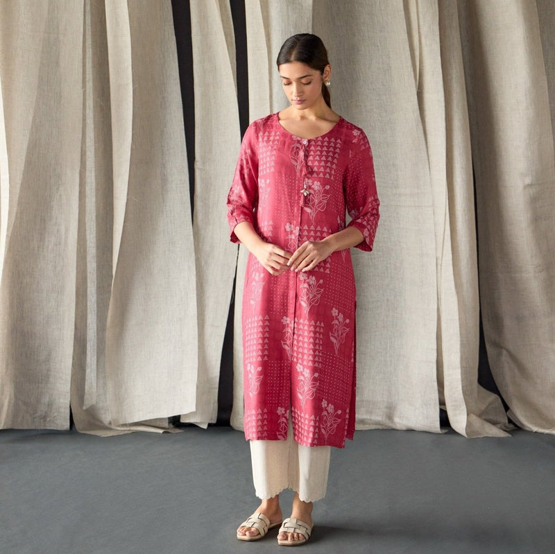 Cherry Red Ecovero Jacquard Kurta | Verified Sustainable Womens Kurta on Brown Living™