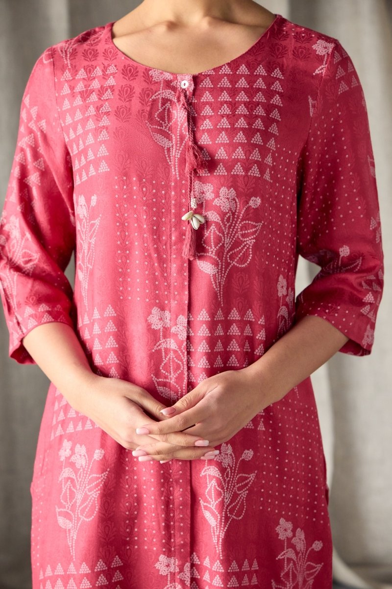 Cherry Red Ecovero Jacquard Kurta | Verified Sustainable Womens Kurta on Brown Living™