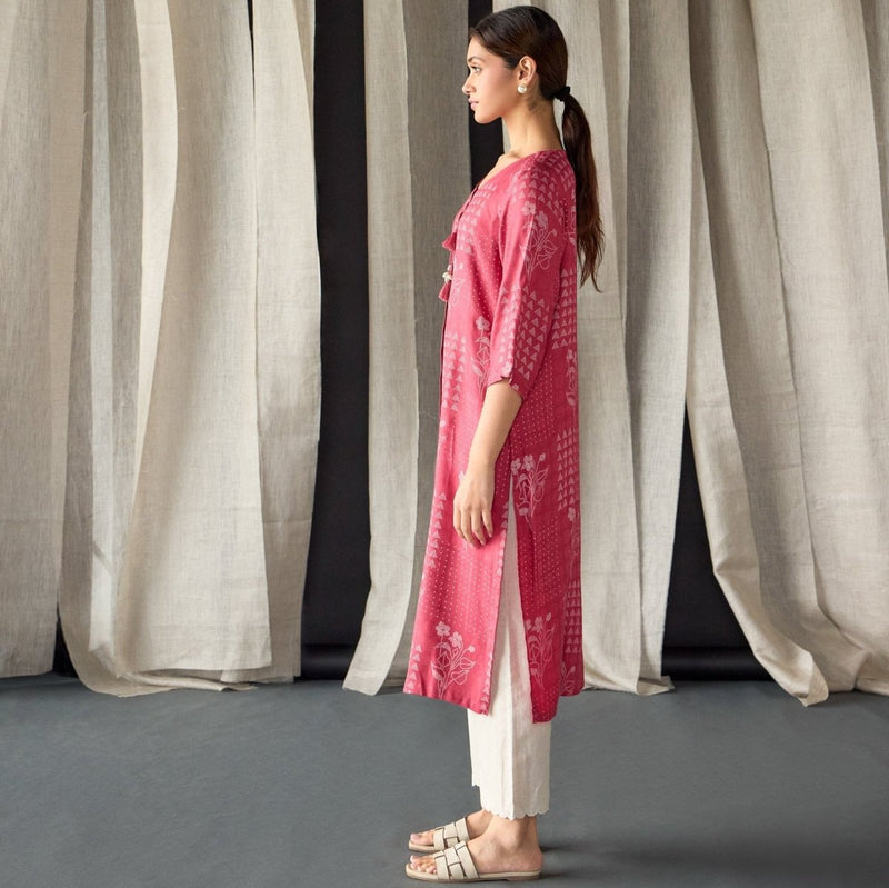 Cherry Red Ecovero Jacquard Kurta | Verified Sustainable Womens Kurta on Brown Living™