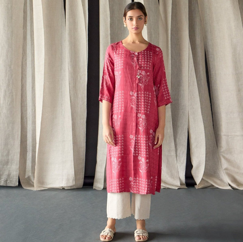 Cherry Red Ecovero Jacquard Kurta | Verified Sustainable Womens Kurta on Brown Living™