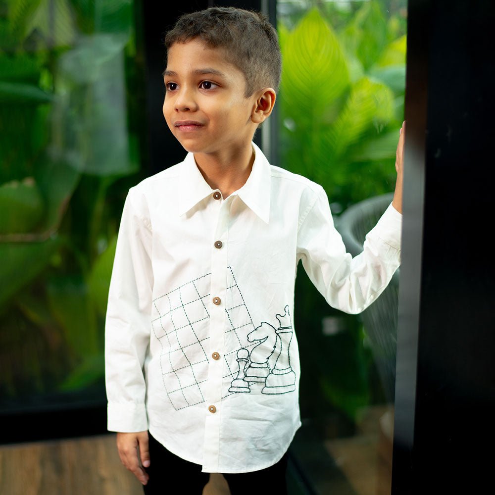 Chess Checkmate Embroidered Organic Cotton Shirt - White – Kids Shirts on Brown Living™. SKU: NANFS005EMB051 - 18M. Img 1.