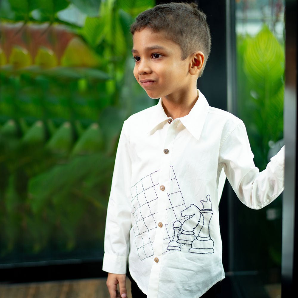 Chess Checkmate Embroidered Organic Cotton Shirt - White – Kids Shirts on Brown Living™. SKU: NANFS005EMB051 - 3Y. Img 2.
