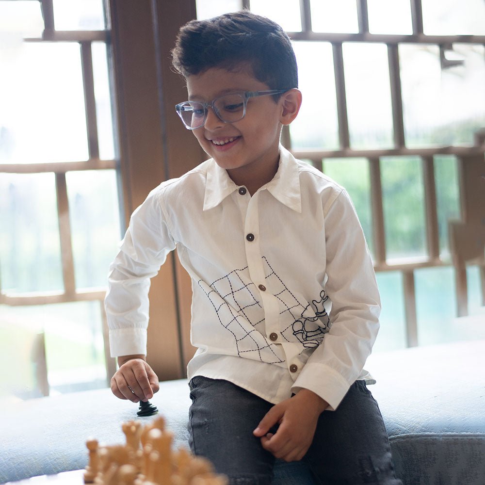 Chess Checkmate Embroidered Organic Cotton Shirt - White – Kids Shirts on Brown Living™. SKU: NANFS005EMB051 - 3Y. Img 4.