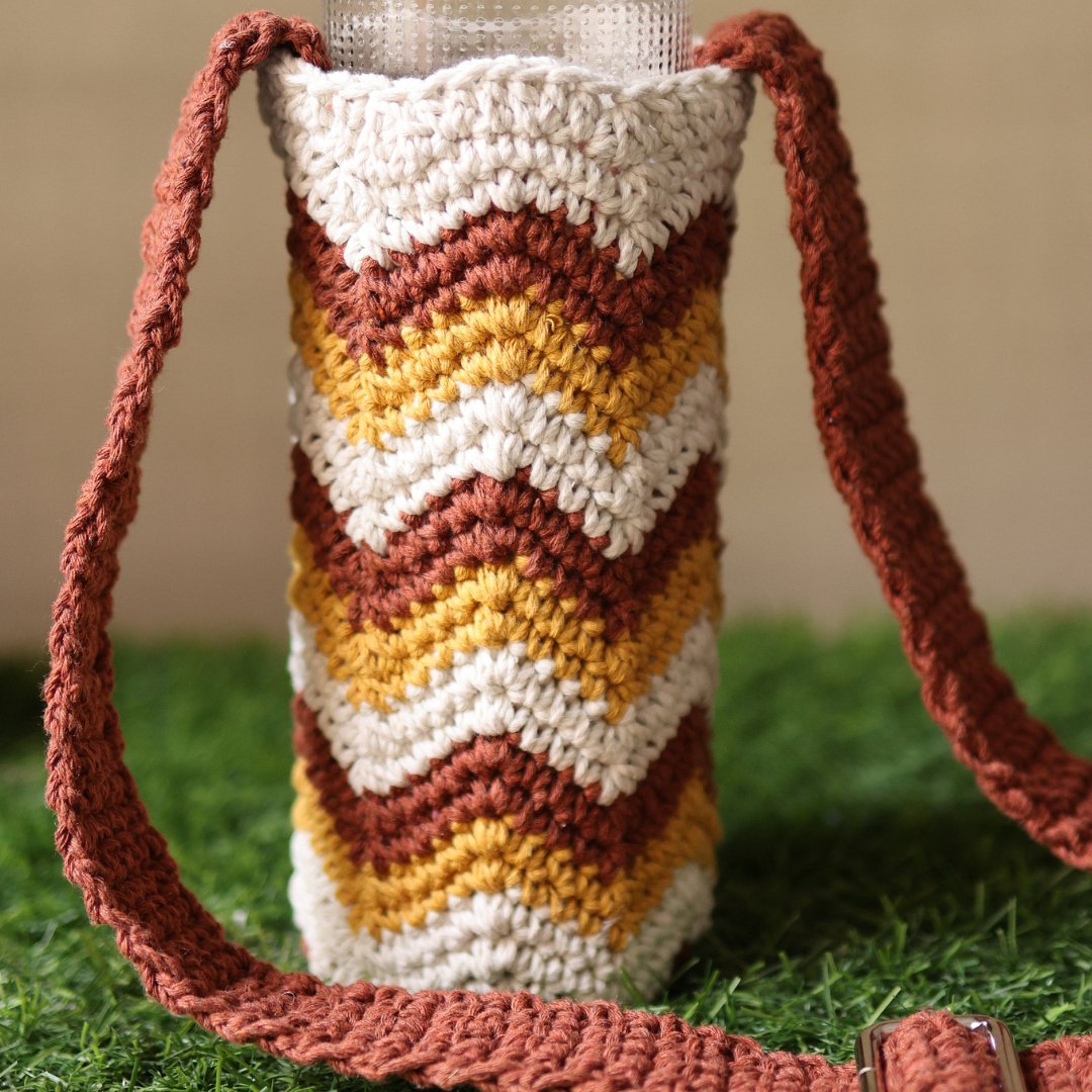 Chevron Brown Handmade Crochet Sling Bottle Cover | Verified Sustainable by Brown Living™