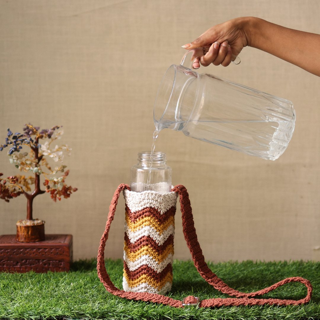 Chevron Brown Handmade Crochet Sling Bottle Cover | Verified Sustainable by Brown Living™