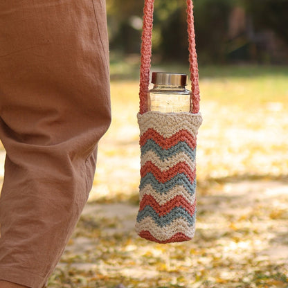 Chevron Peach Handmade Crochet Sling Bottle Cover | Verified Sustainable by Brown Living™