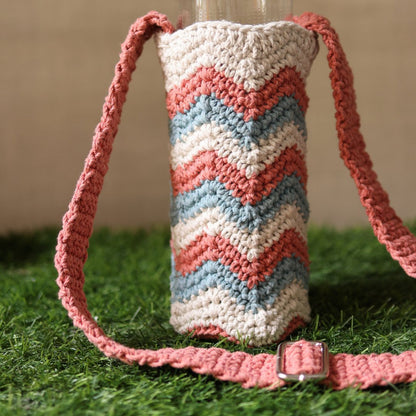 Chevron Peach Handmade Crochet Sling Bottle Cover | Verified Sustainable by Brown Living™