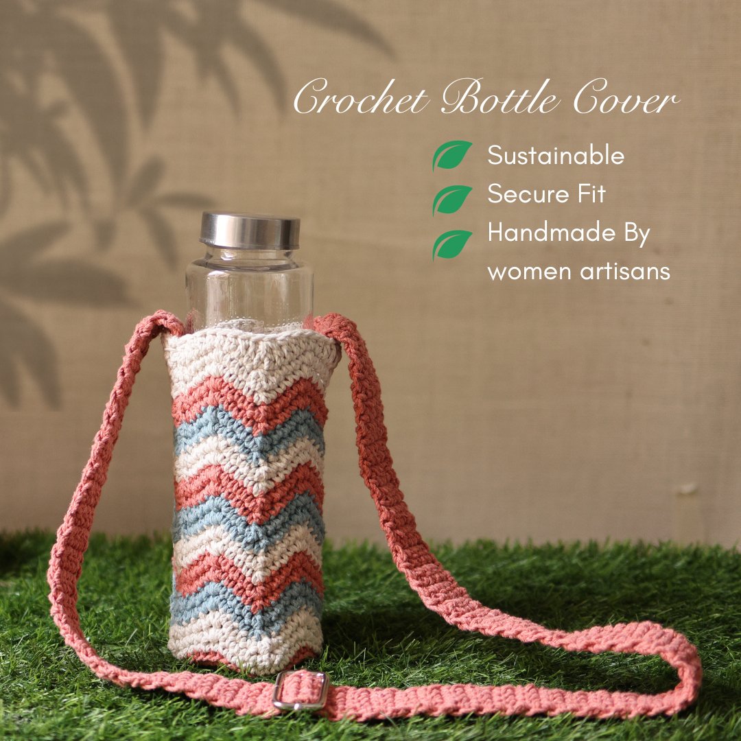 Chevron Peach Handmade Crochet Sling Bottle Cover | Verified Sustainable by Brown Living™