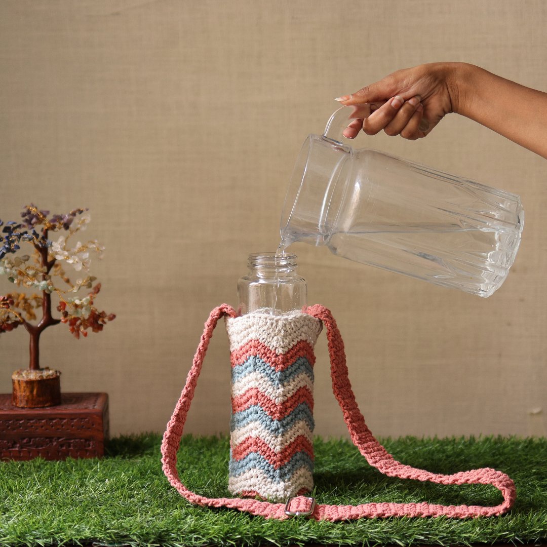 Chevron Peach Handmade Crochet Sling Bottle Cover | Verified Sustainable by Brown Living™