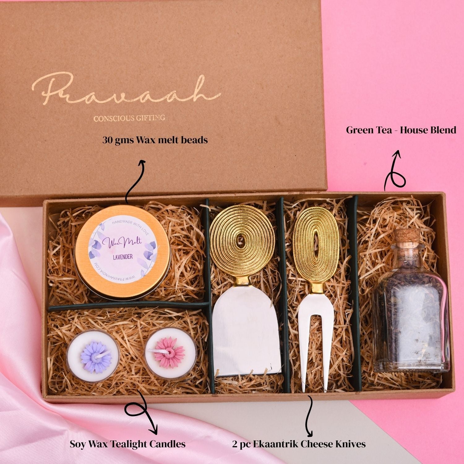 Chhaaya - Eco - Conscious Gift Hamper with Tea, Light & Brassware – Gift Hampers on Brown Living™. SKU: PRA25GH016. Img 2.