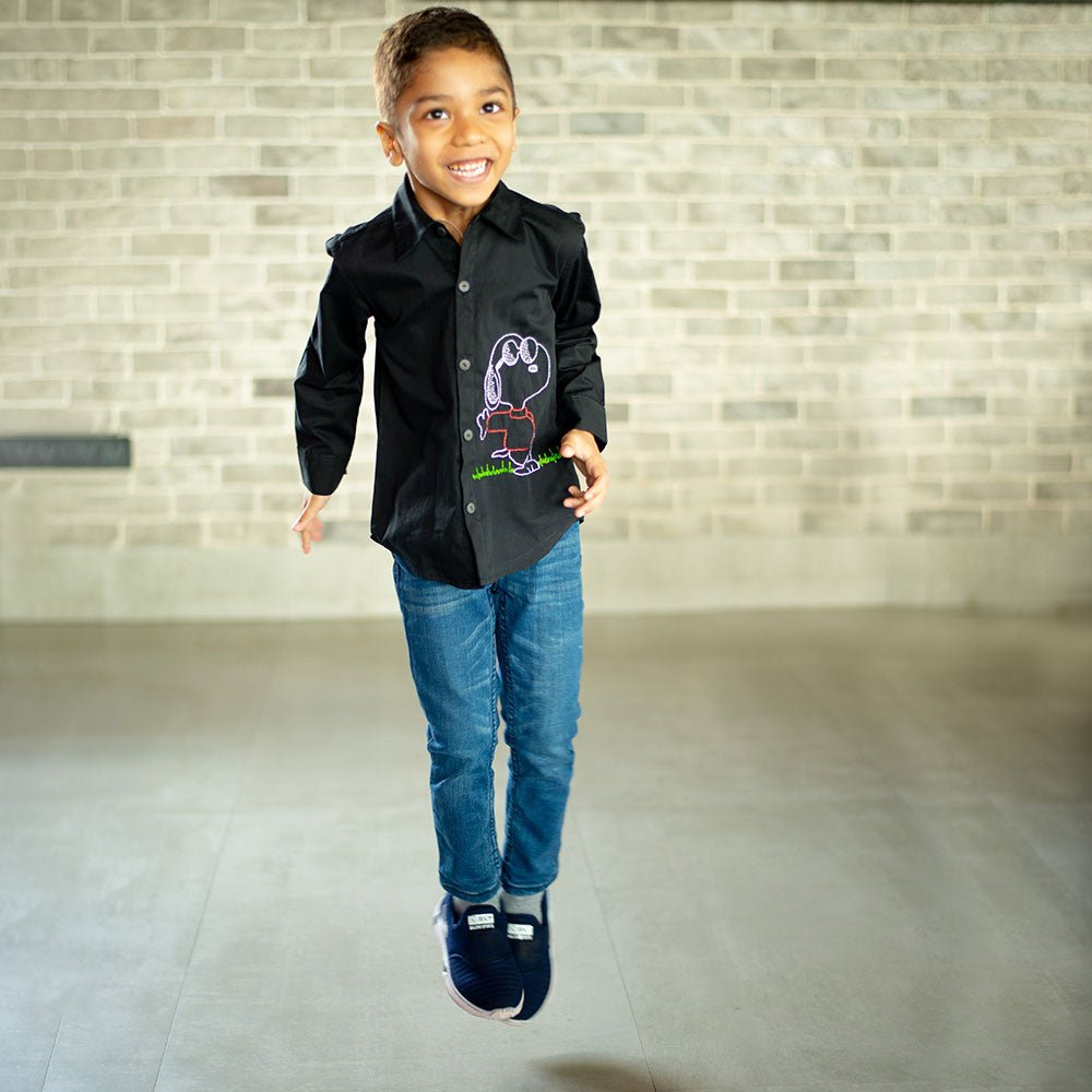Chill Dog Embroidered Organic Cotton Shirt - Black – Kids Shirts on Brown Living™. SKU: NANFS005EMB046 - 18M. Img 1.
