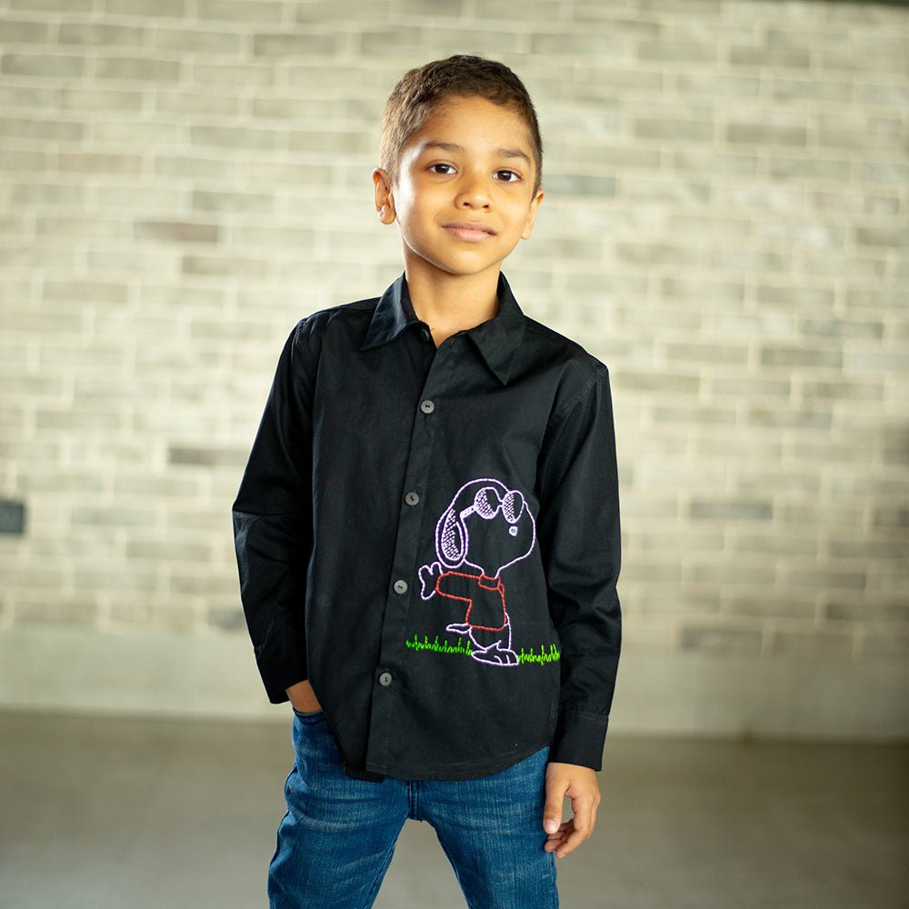 Chill Dog Embroidered Organic Cotton Shirt - Black – Kids Shirts on Brown Living™. SKU: NANFS005EMB046 - 18M. Img 4.