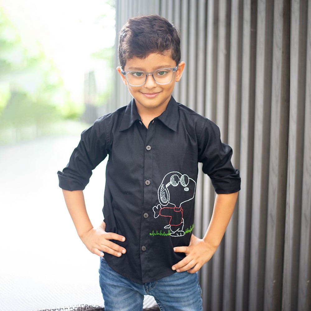 Chill Dog Embroidered Organic Cotton Shirt - Black – Kids Shirts on Brown Living™. SKU: NANFS005EMB046 - 18M. Img 2.