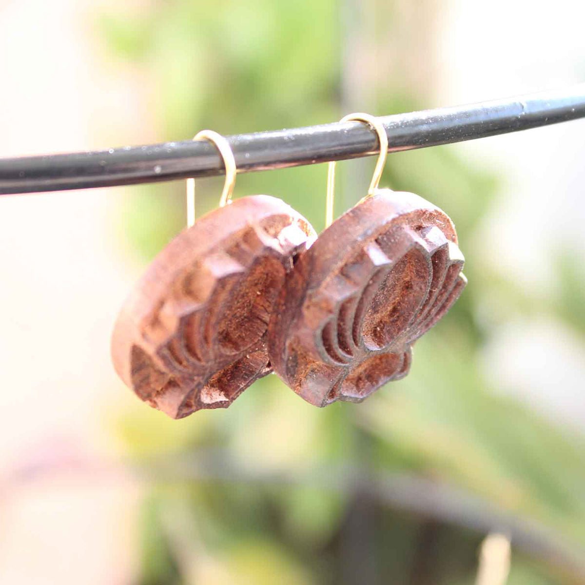 Chitra Rekh Wooden Earrings With Wood Block Carving – Jewellery on Brown Living™. SKU: UARKHWJER002. Img 2.
