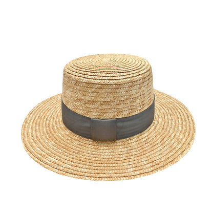 Classic Boater Hat with Grey Ribbon | Timeless Summer Style – Womens Hat on Brown Living™. SKU: MBNL002038. Img 2.