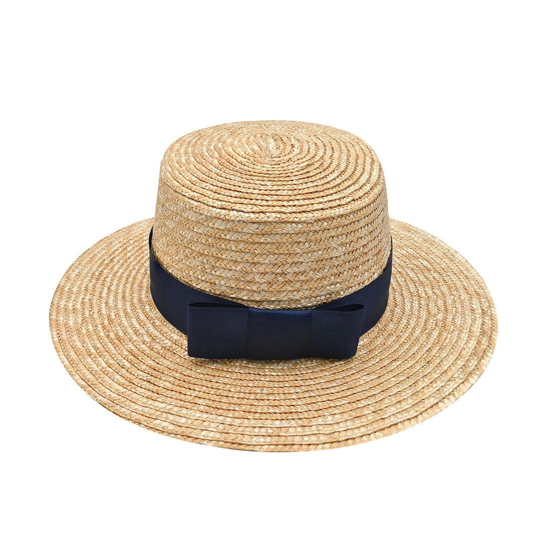 Classic Boater Hat with Navy Blue Ribbon | Timeless Summer Style – Womens Hat on Brown Living™. SKU: MBNL002045. Img 2.