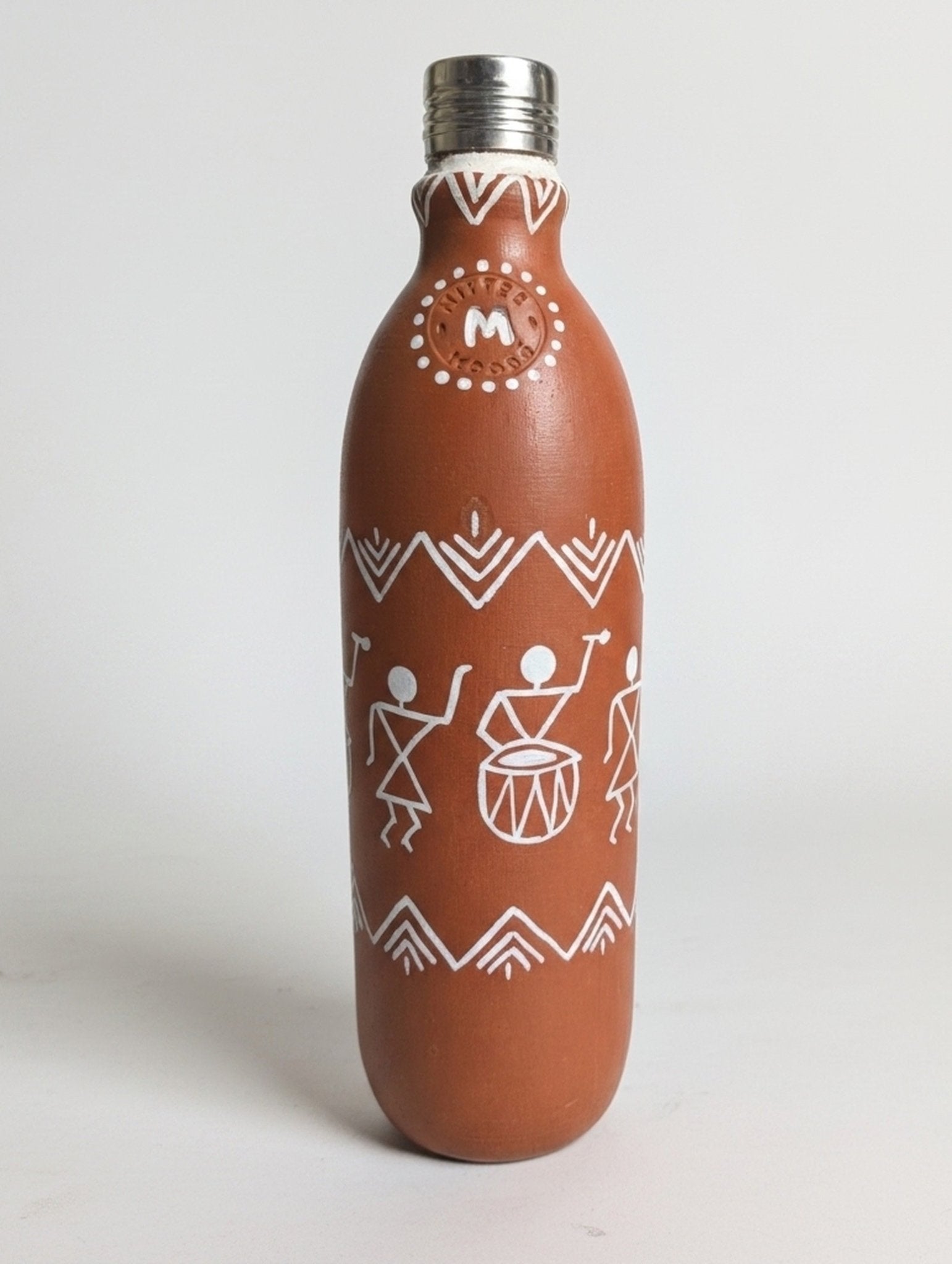 Clay Bottle Steel Cap Hand Painted Modern Warli Art – Bottles & Sippers on Brown Living™. SKU: MM-08-1000. Img 1.