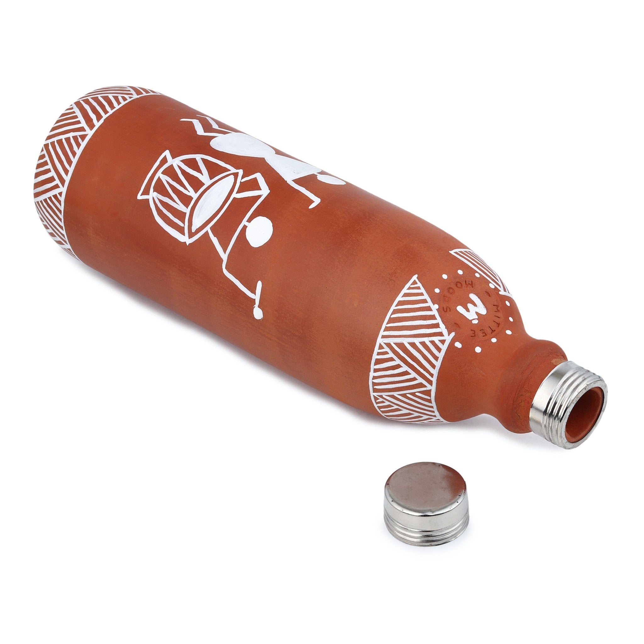 Clay Bottle Steel Cap Hand Painted Musical Warli Art – Bottles & Sippers on Brown Living™. SKU: NMM-02-PN-1000. Img 2.