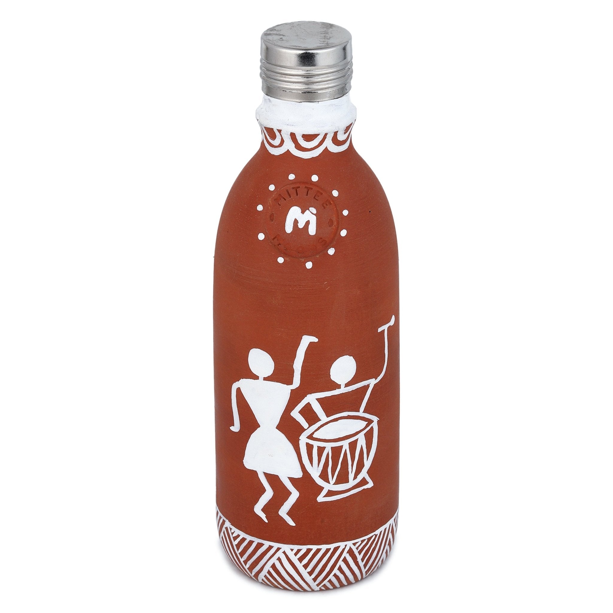 Clay Bottle Steel Cap Hand Painted Musical Warli Art – Bottles & Sippers on Brown Living™. SKU: NMM-02-PN-500. Img 7.