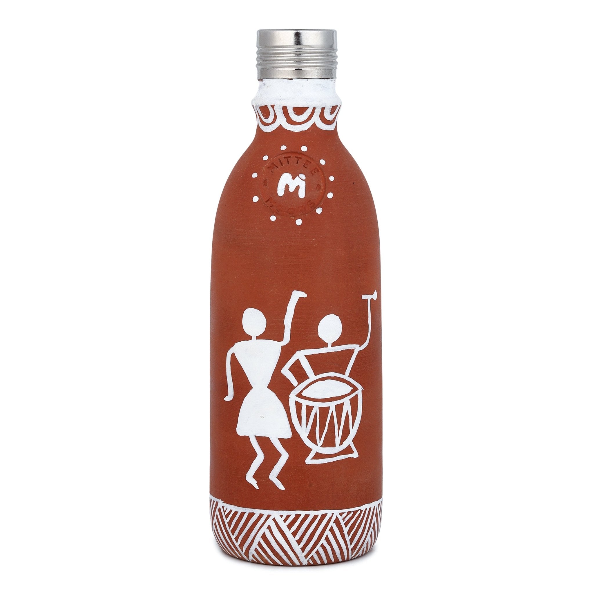 Clay Bottle Steel Cap Hand Painted Musical Warli Art – Bottles & Sippers on Brown Living™. SKU: NMM-02-PN-500. Img 6.