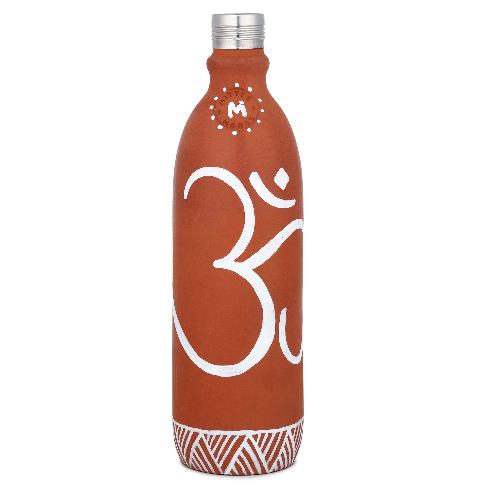Clay Bottle Steel Cap Hand Painted Om Spiritual Art – Bottles & Sippers on Brown Living™. SKU: NMM-03-PN-1000. Img 1.