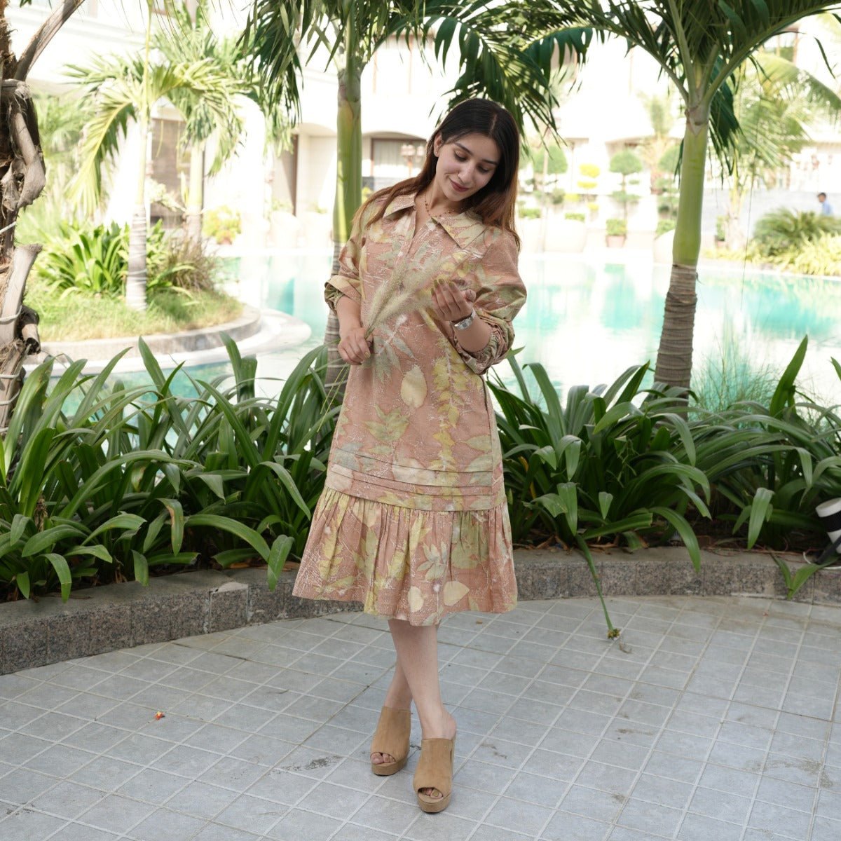 Clay Meadow Gathered Eco - Printed Dress for Women | Handcrafted Organic – Womens Dress on Brown Living™. SKU: AAYU-00141. Img 4.
