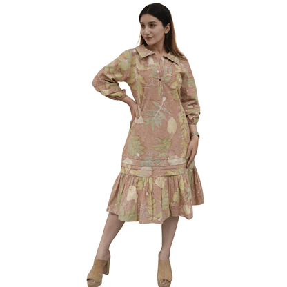 Clay Meadow Gathered Eco - Printed Dress for Women | Handcrafted Organic – Womens Dress on Brown Living™. SKU: AAYU-00141. Img 1.