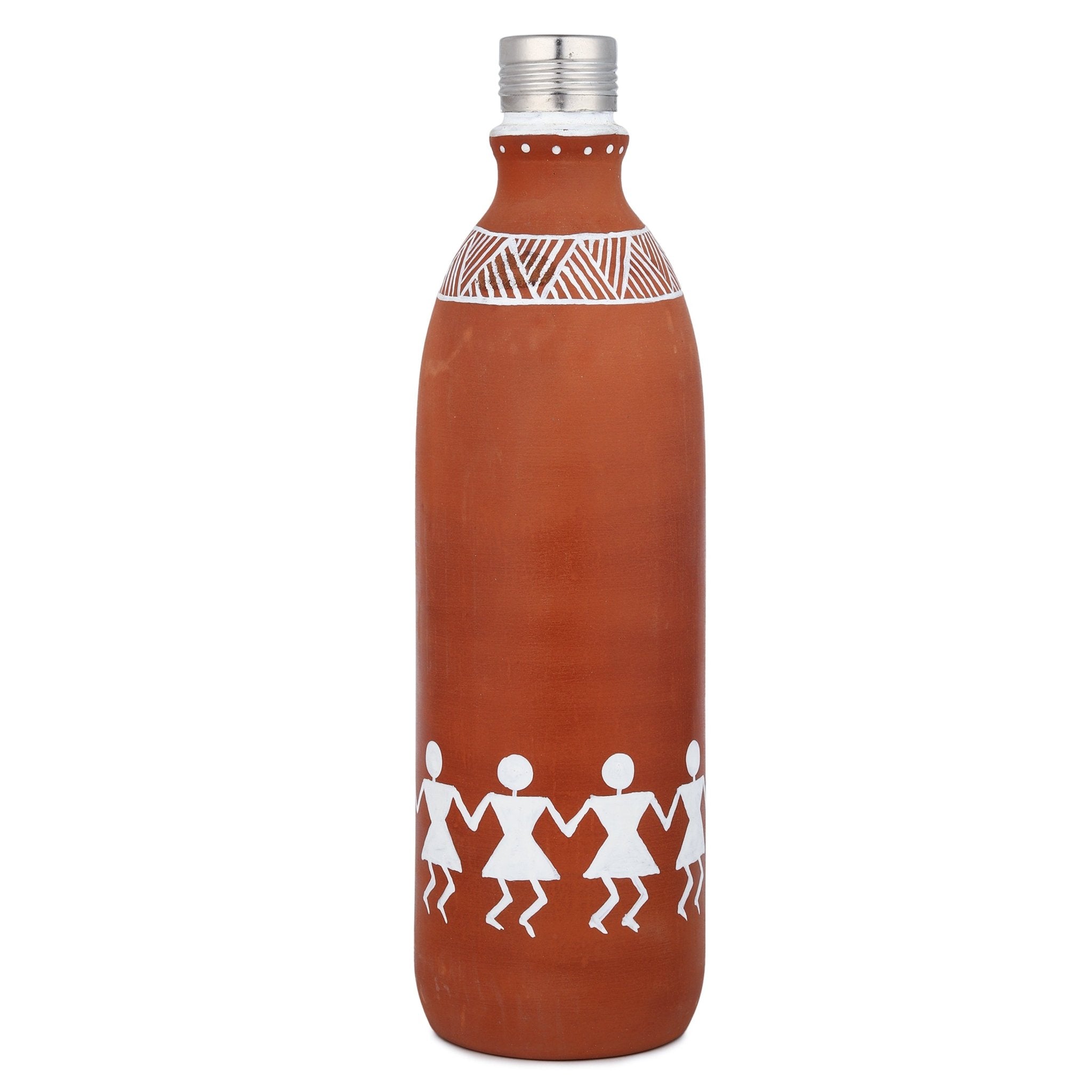 Clay Water Bottle Steel Cap Hand Painted Dancing Warli Art – Bottles & Sippers on Brown Living™. SKU: NMM-01-PN-1000. Img 4.