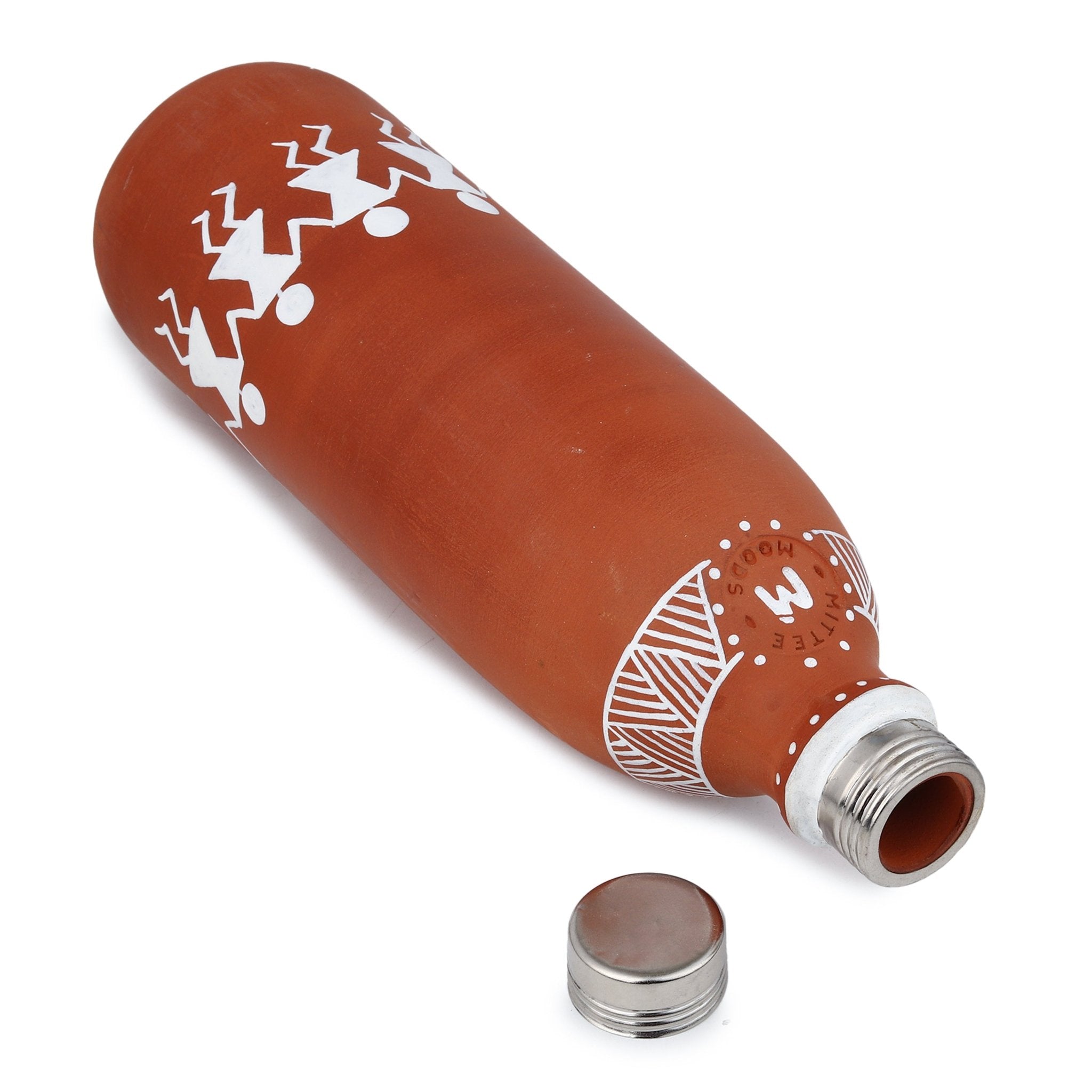 Clay Water Bottle Steel Cap Hand Painted Dancing Warli Art – Bottles & Sippers on Brown Living™. SKU: NMM-01-PN-1000. Img 2.