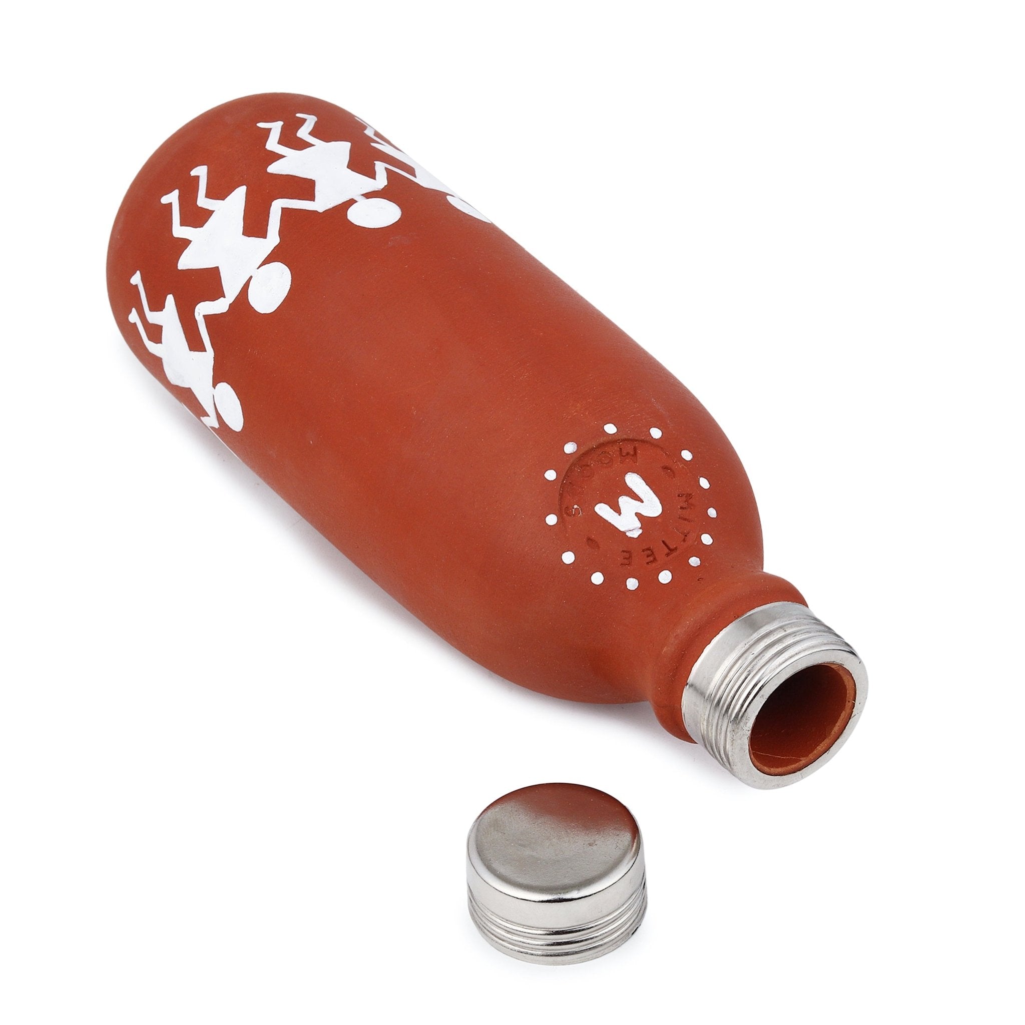 Clay Water Bottle Steel Cap Hand Painted Dancing Warli Art – Bottles & Sippers on Brown Living™. SKU: NMM-01-PN-1000. Img 5.