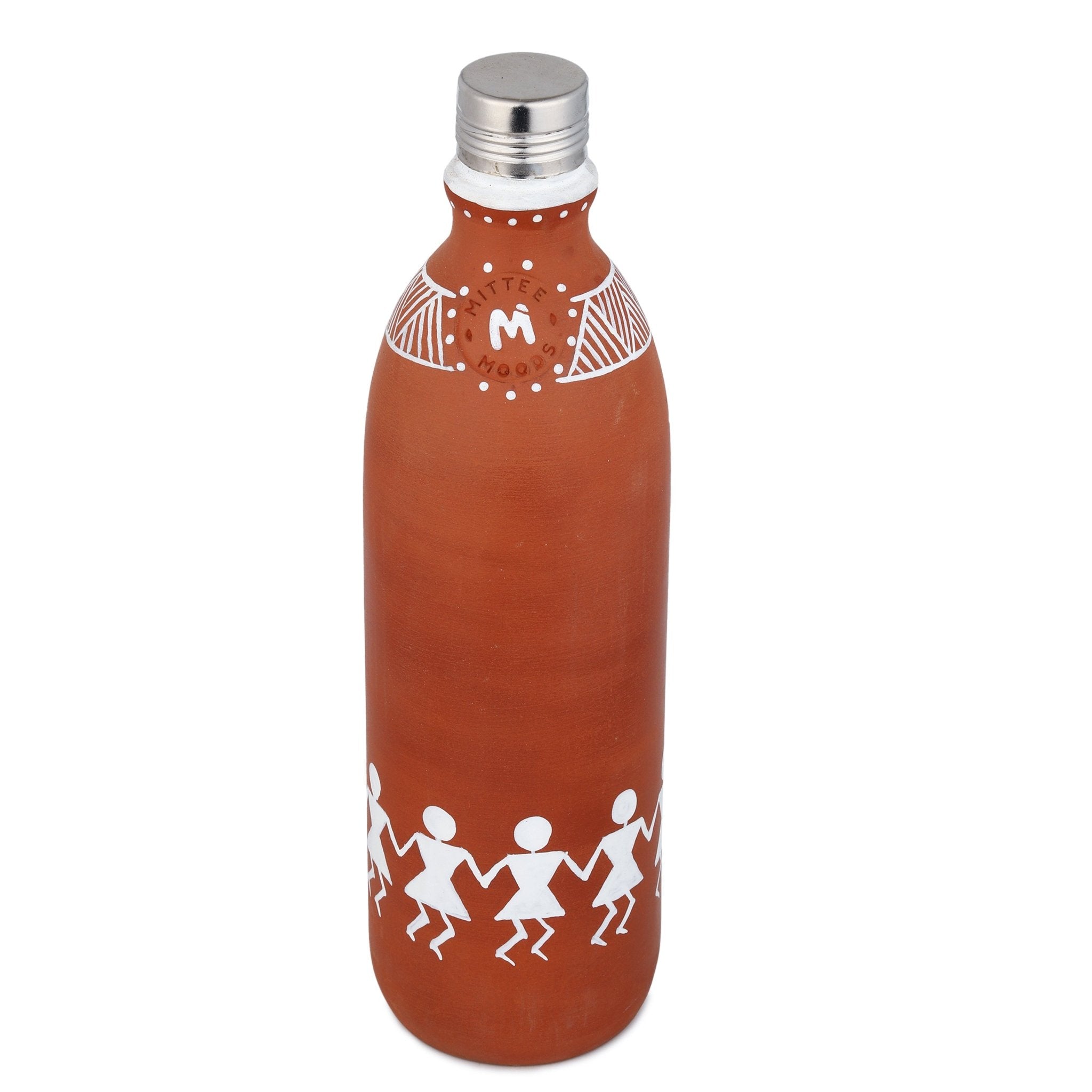Clay Water Bottle Steel Cap Hand Painted Dancing Warli Art – Bottles & Sippers on Brown Living™. SKU: NMM-01-PN-1000. Img 1.