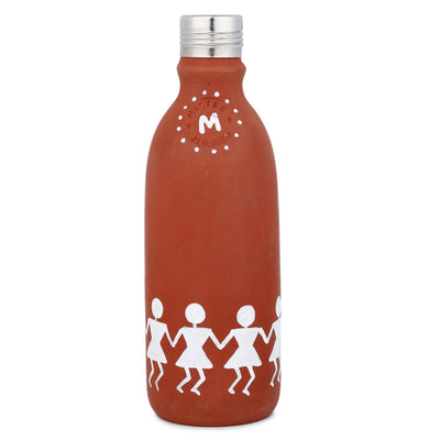 Clay Water Bottle Steel Cap Hand Painted Dancing Warli Art – Bottles & Sippers on Brown Living™. SKU: NMM-01-PN-500. Img 7.