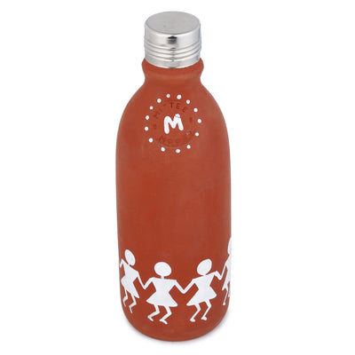 Clay Water Bottle Steel Cap Hand Painted Dancing Warli Art – Bottles & Sippers on Brown Living™. SKU: NMM-01-PN-500. Img 6.