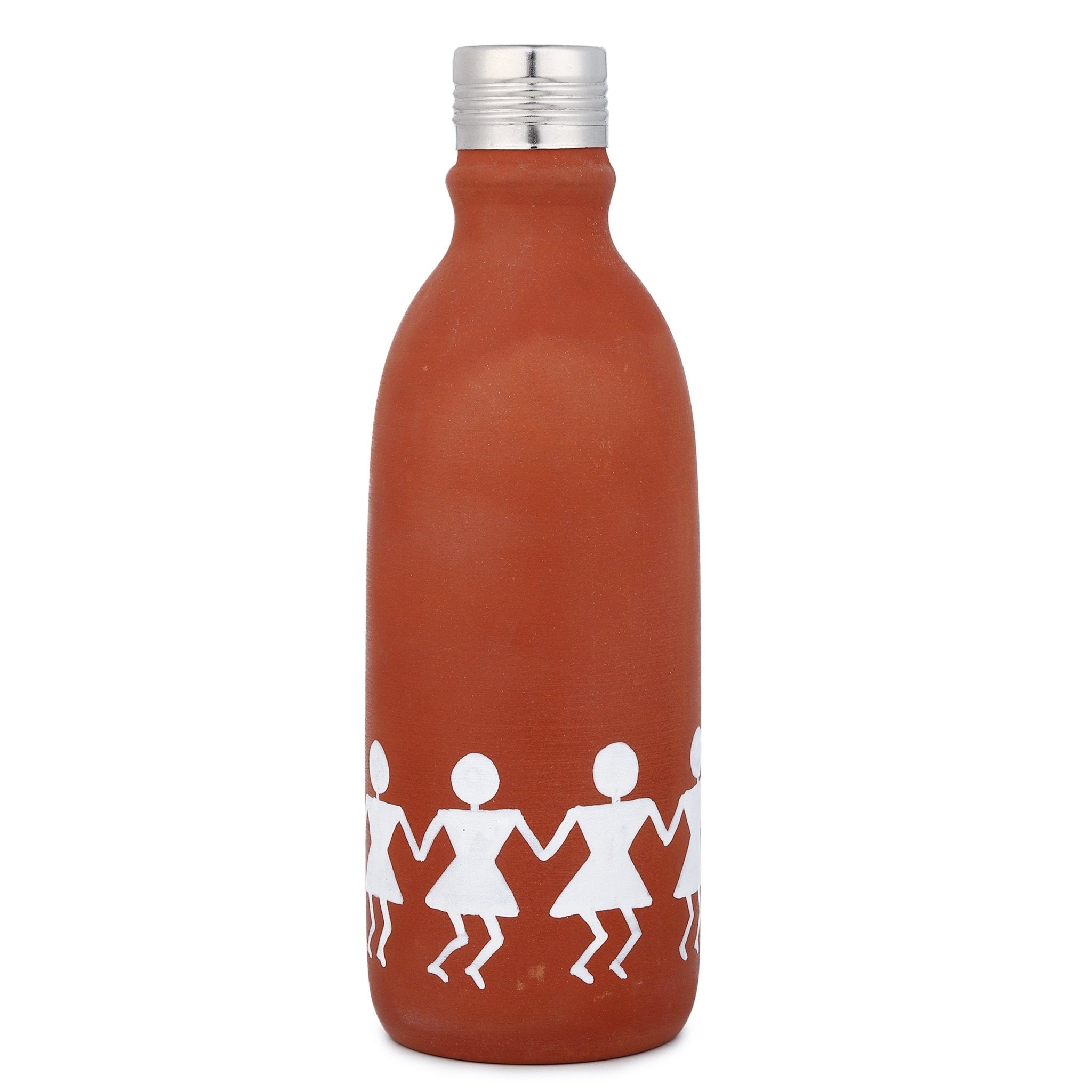 Clay Water Bottle Steel Cap Hand Painted Dancing Warli Art – Bottles & Sippers on Brown Living™. SKU: NMM-01-PN-500. Img 8.