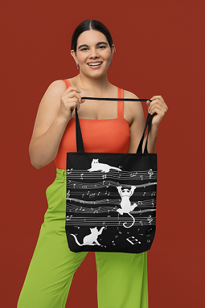 Cat Music Black Canvas Tote – Trendy Zippered Handbag