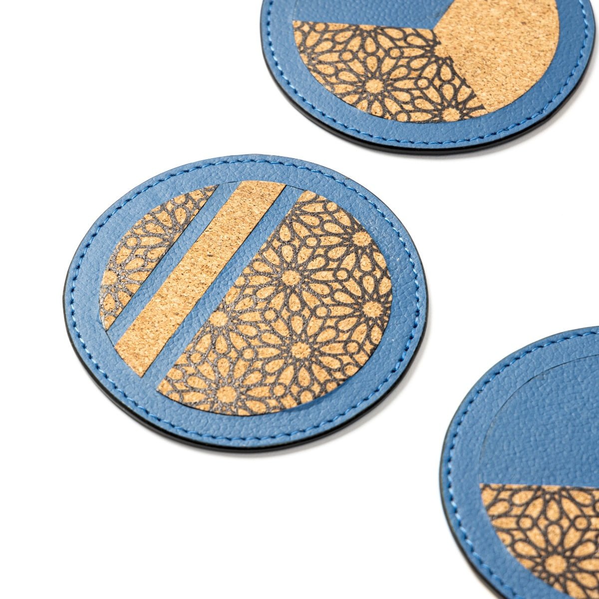 Coasters Set of 4 – Vegan Leather & Printed Cork (Blue) – Coasters on Brown Living™. SKU: CPCGH001. Img 2.