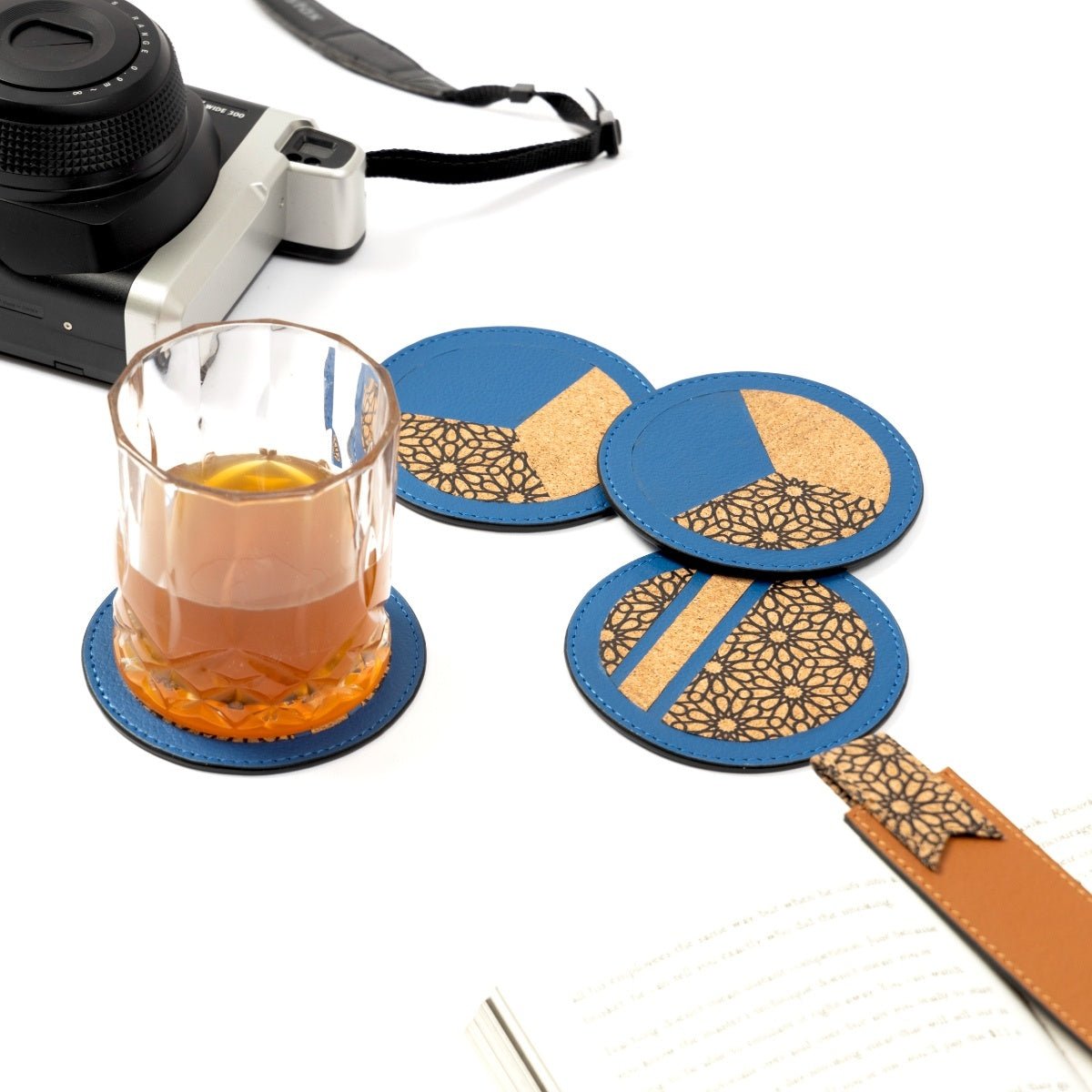 Coasters Set of 4 – Vegan Leather & Printed Cork (Blue) – Coasters on Brown Living™. SKU: CPCGH001. Img 8.