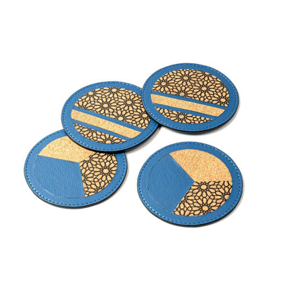 Coasters Set of 4 – Vegan Leather & Printed Cork (Blue) – Coasters on Brown Living™. SKU: CPCGH001. Img 3.